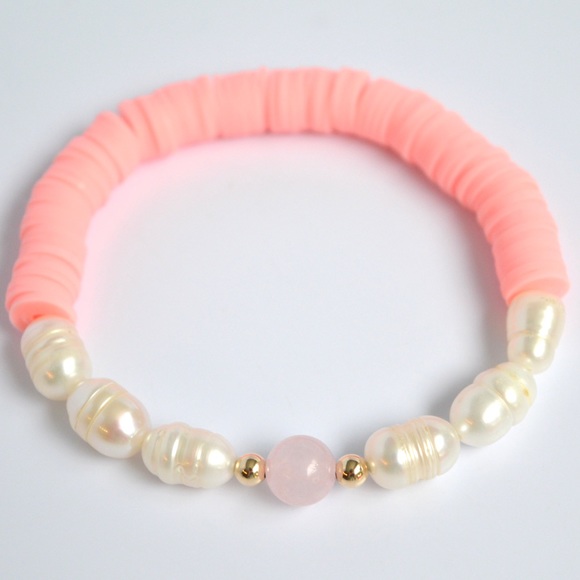 Breast Cancer Rose Quartz Freshwater Pearl Gemstone Beaded Bracelet - Picture 3 of 4